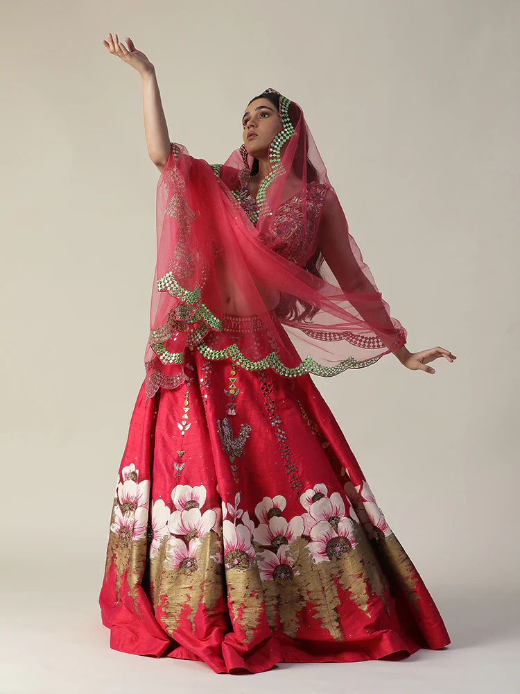 Hot pink raw silk hand painted flower lehenga set - Image 8