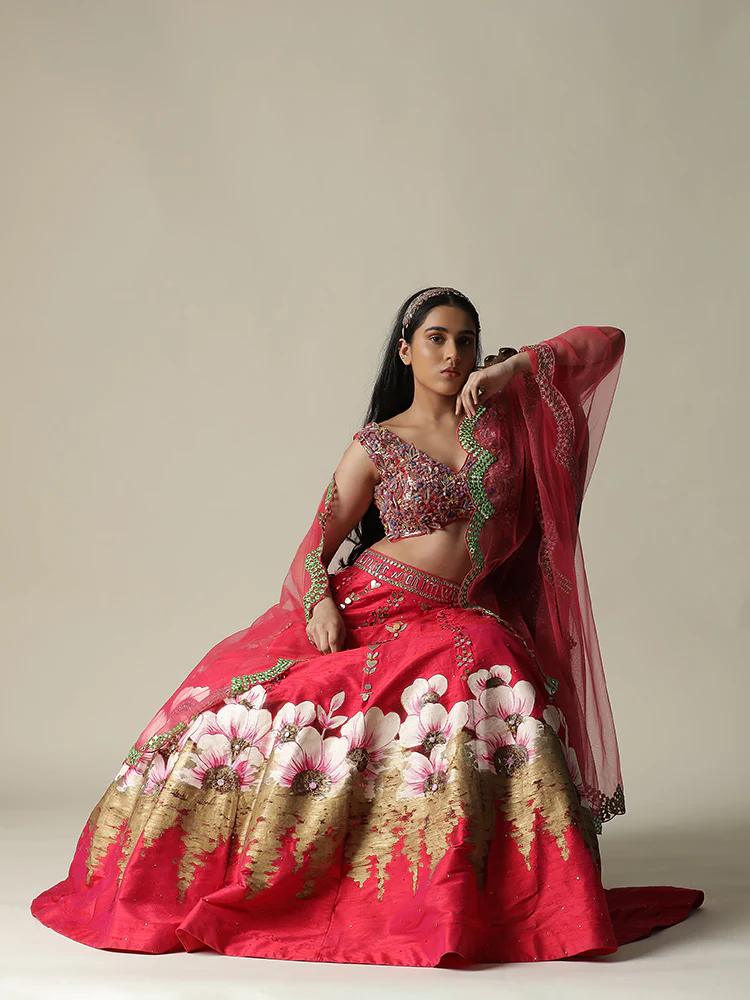 Hot pink raw silk hand painted flower lehenga set - Image 9