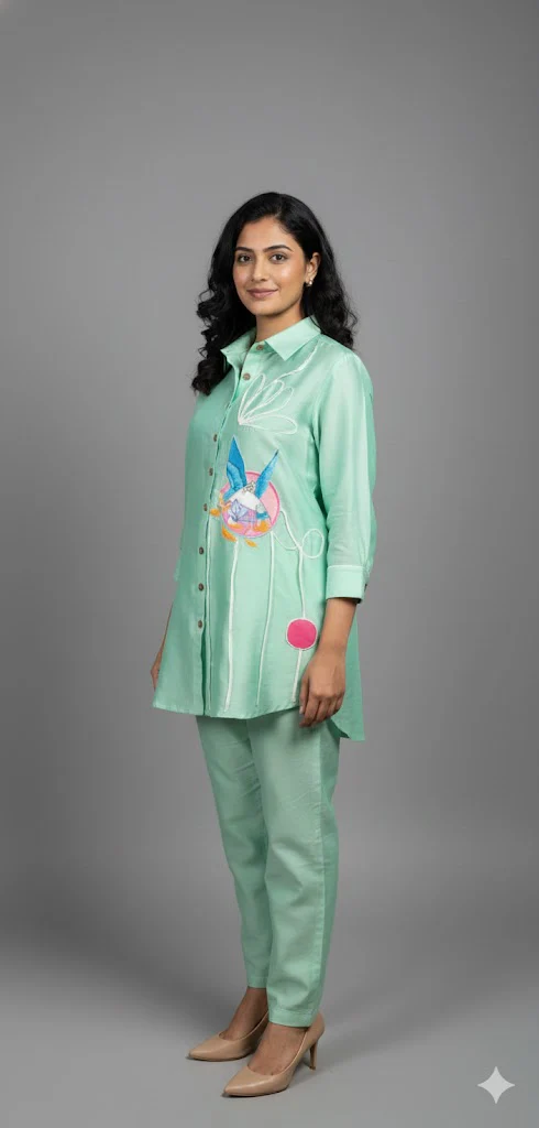 Pista green circle bird chanderi shirt