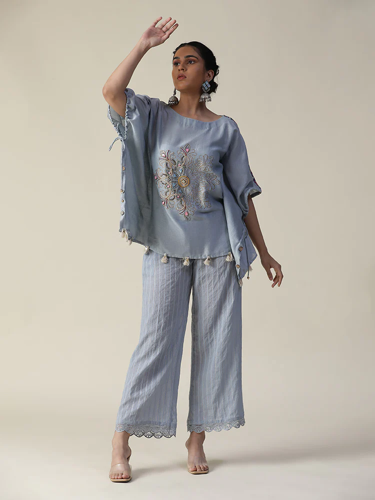 Ice blue embroidered short kaftan coord set - Image 3