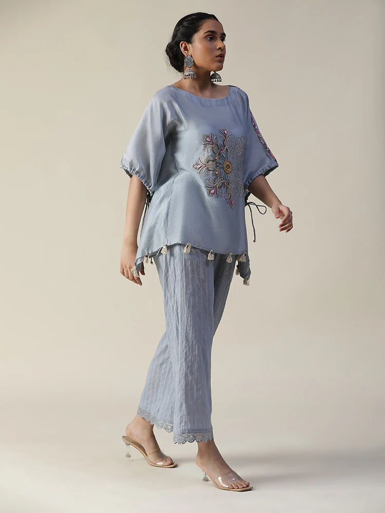 Ice blue embroidered short kaftan coord set - Image 4