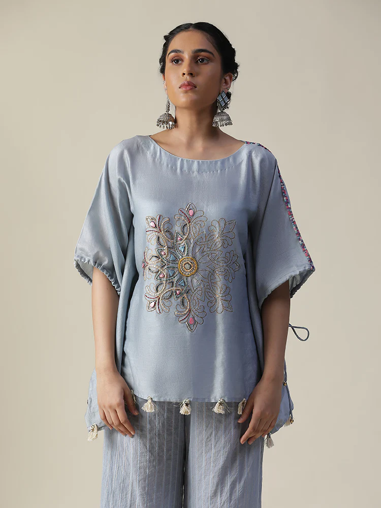 Ice blue embroidered short kaftan coord set - Image 5