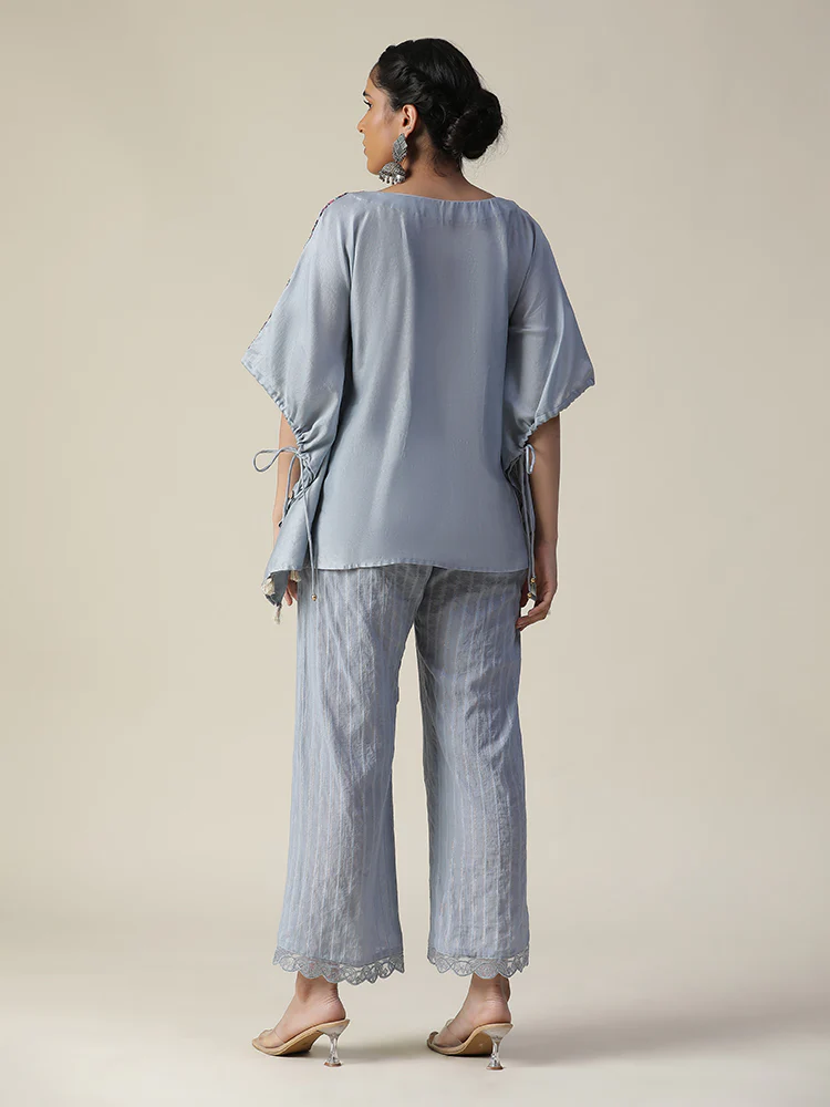 Ice blue embroidered short kaftan coord set - Image 6