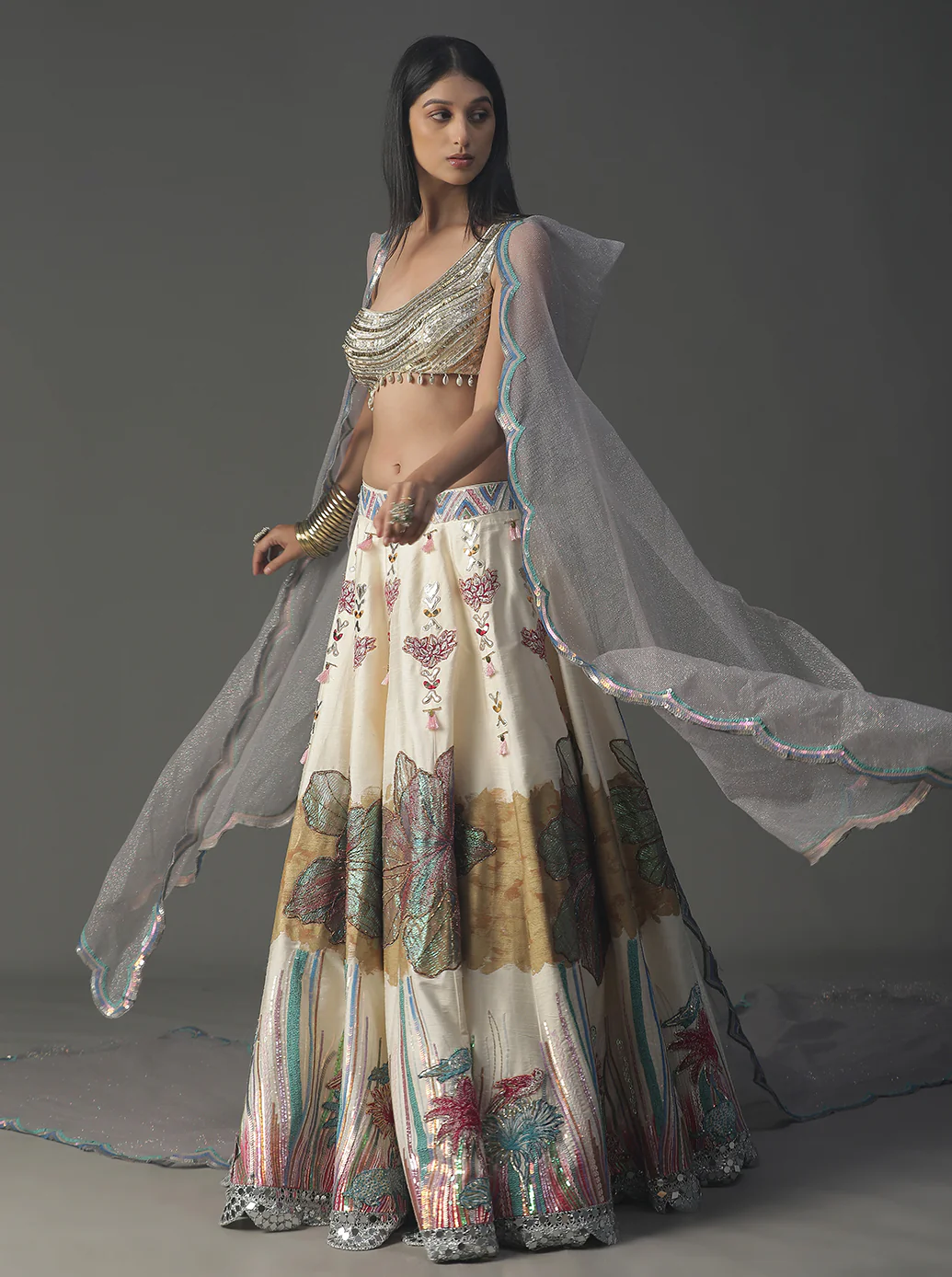 Ivory Floral Handpainted Lehnga Set - Image 3