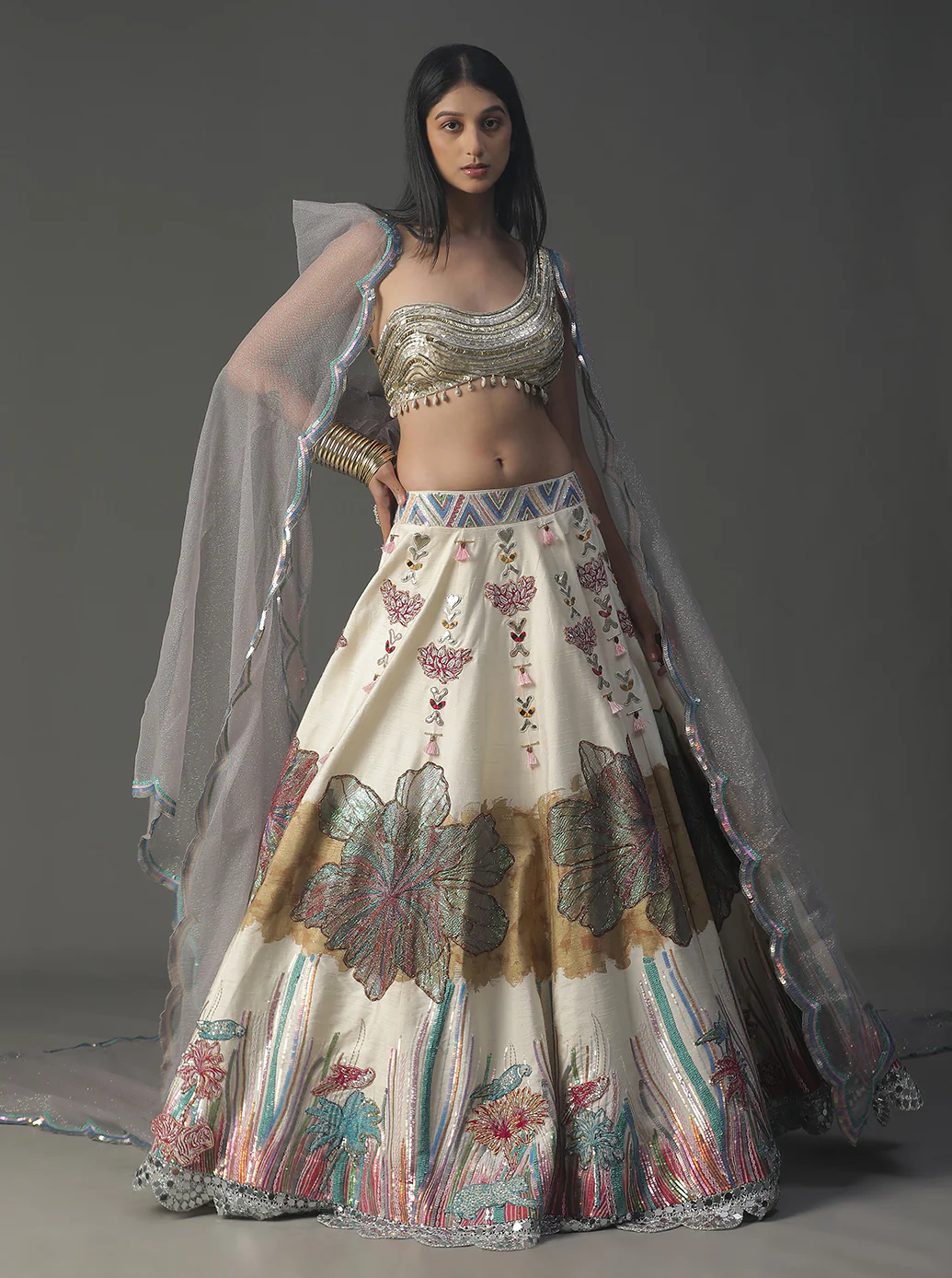 Ivory Floral Handpainted Lehnga Set - Image 4