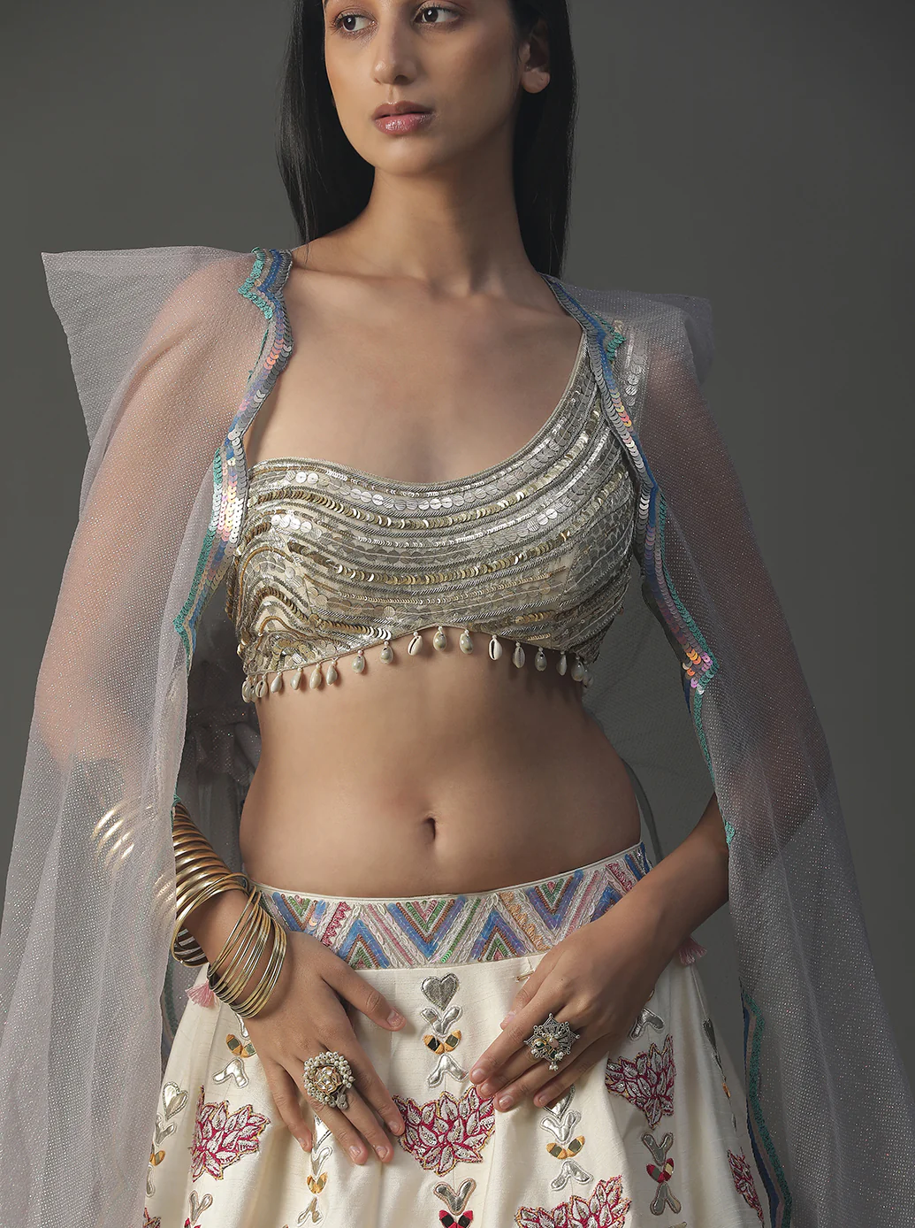 Ivory Floral Handpainted Lehnga Set - Image 5