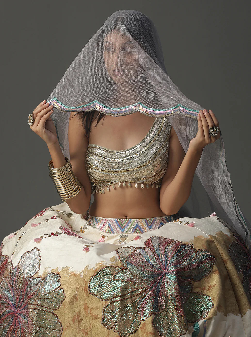 Ivory Floral Handpainted Lehnga Set - Image 8