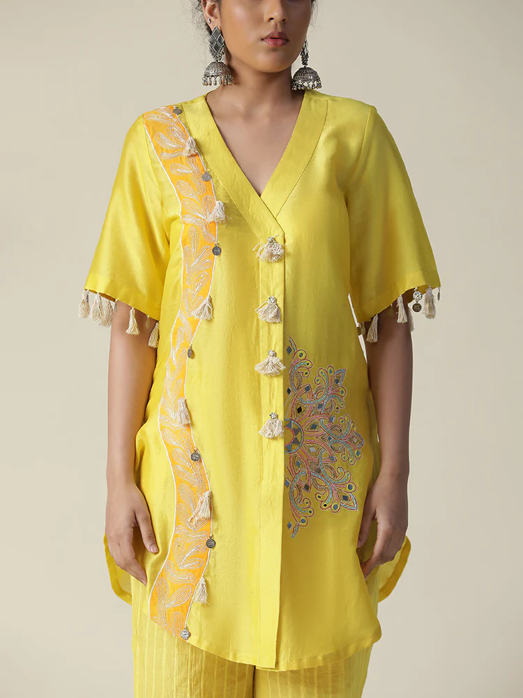 Yellow block Brajnari handpainted coord set - Image 5
