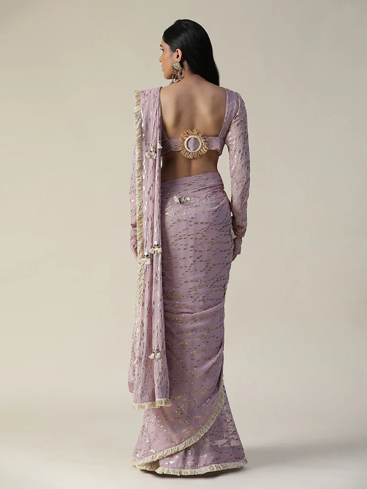 Lilac pre-draped georgette saree set - Image 10