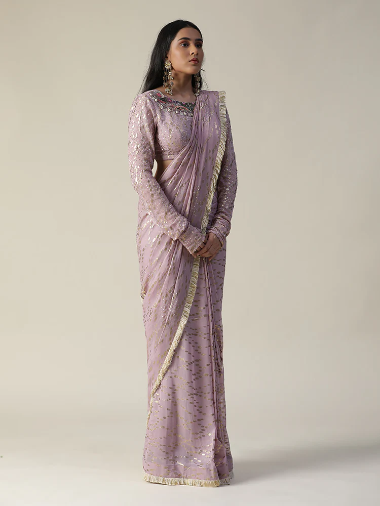 Lilac pre-draped georgette saree set - Image 5