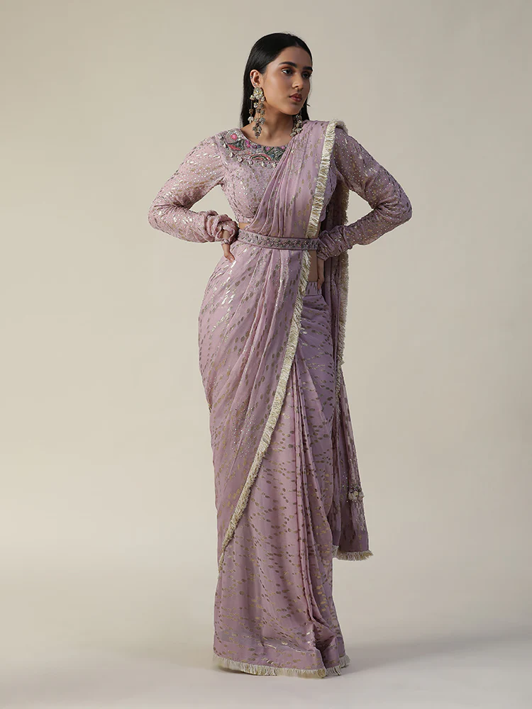 Lilac pre-draped georgette saree set - Image 6