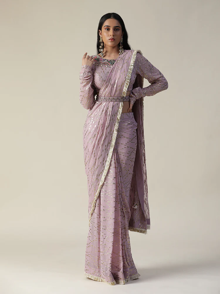 Lilac pre-draped georgette saree set - Image 7
