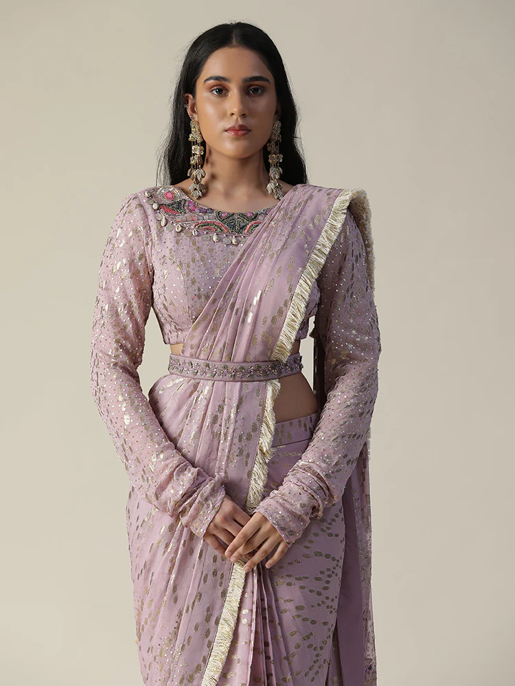 Lilac pre-draped georgette saree set - Image 9