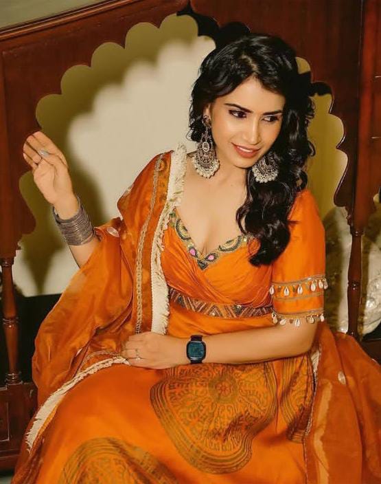 Mittal Patel in orange foil handpainted gown set - Image 3