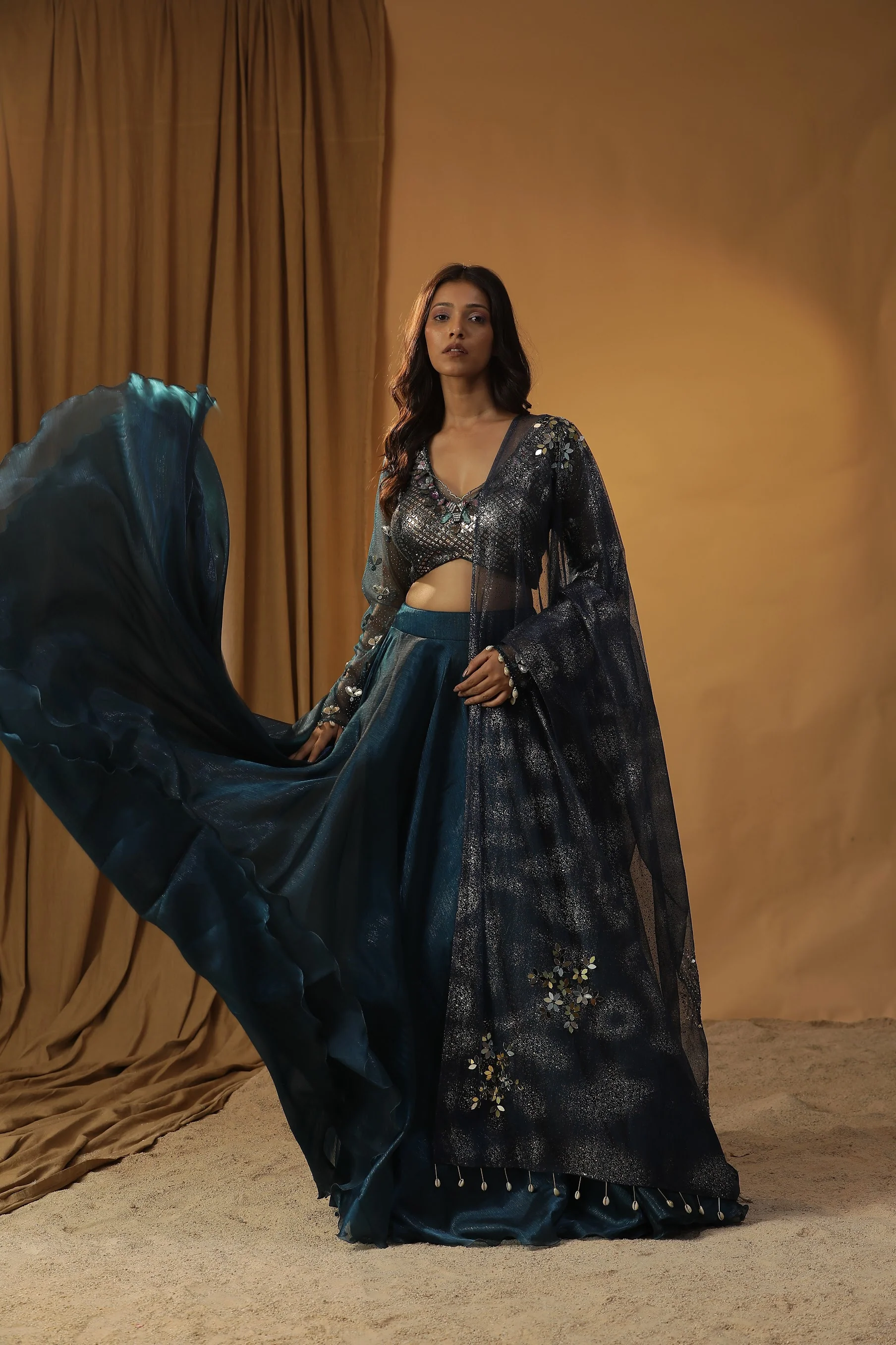 Navy blue organza lehenga set