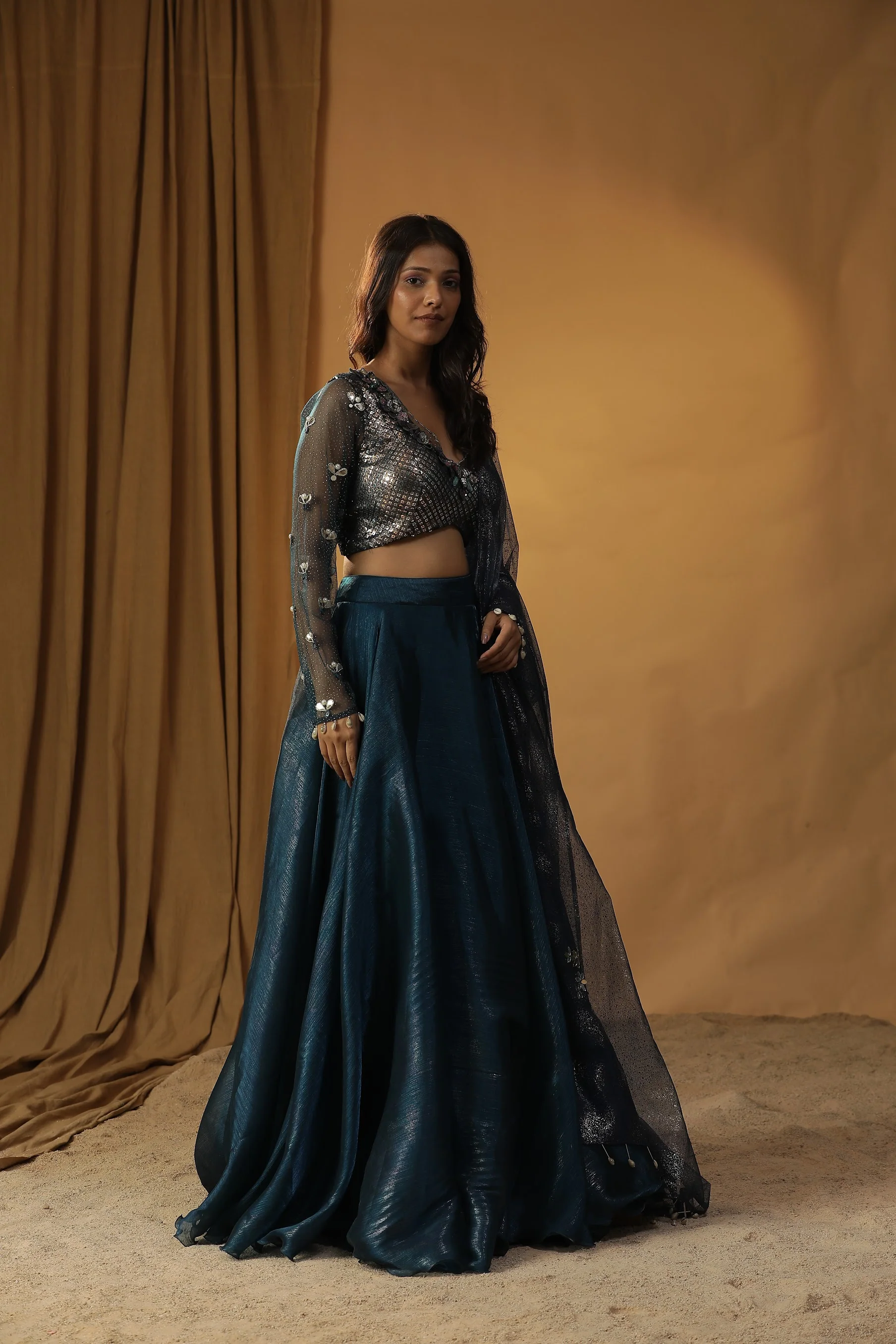 Navy blue organza lehenga set - Image 2