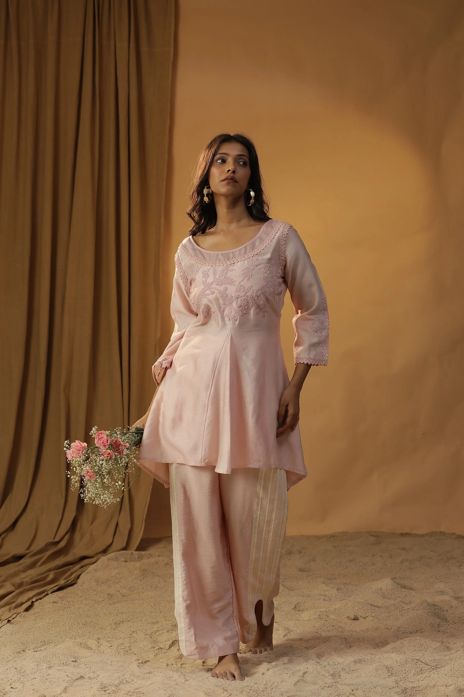 Pastel pink embroidered coord set