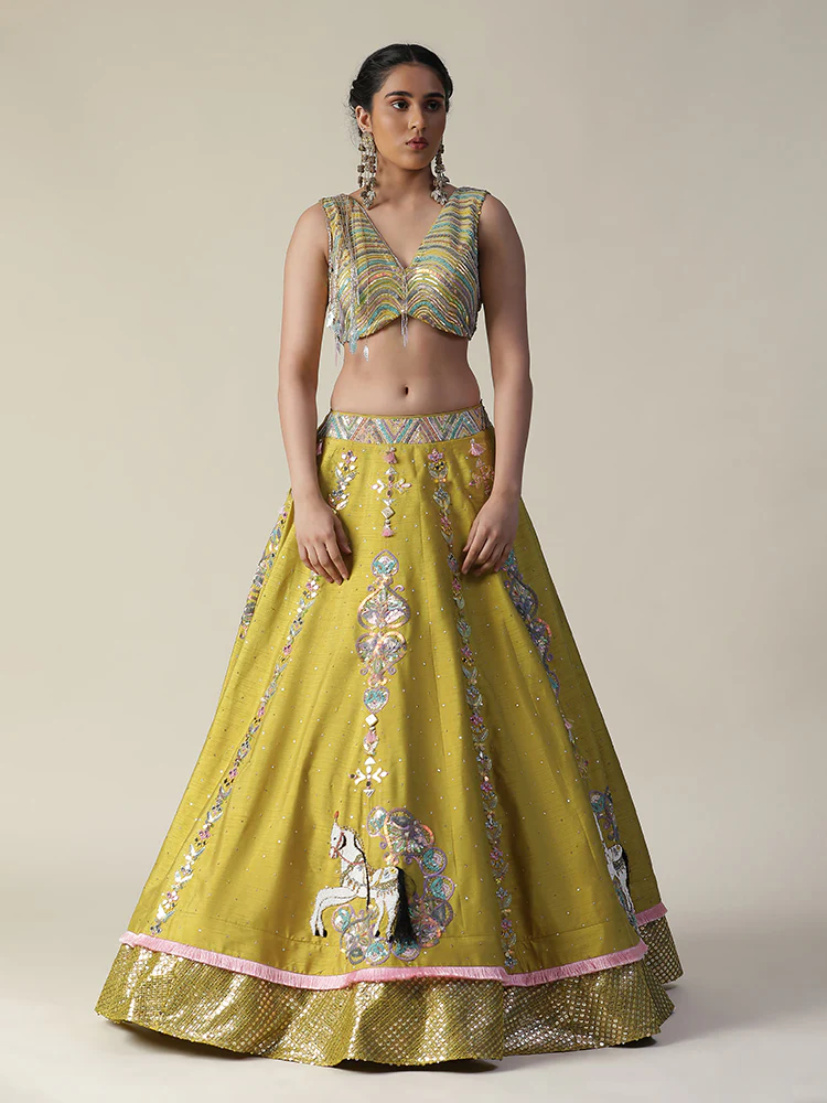 Pear yellow raw silk heavy embroidered lehenga set
