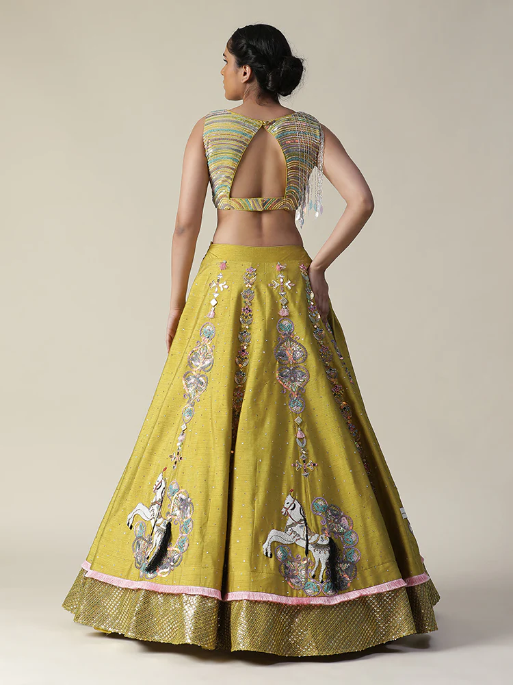 Pear yellow raw silk heavy embroidered lehenga set - Image 10