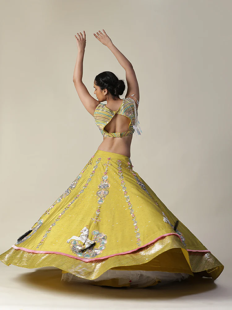 Pear yellow raw silk heavy embroidered lehenga set - Image 11