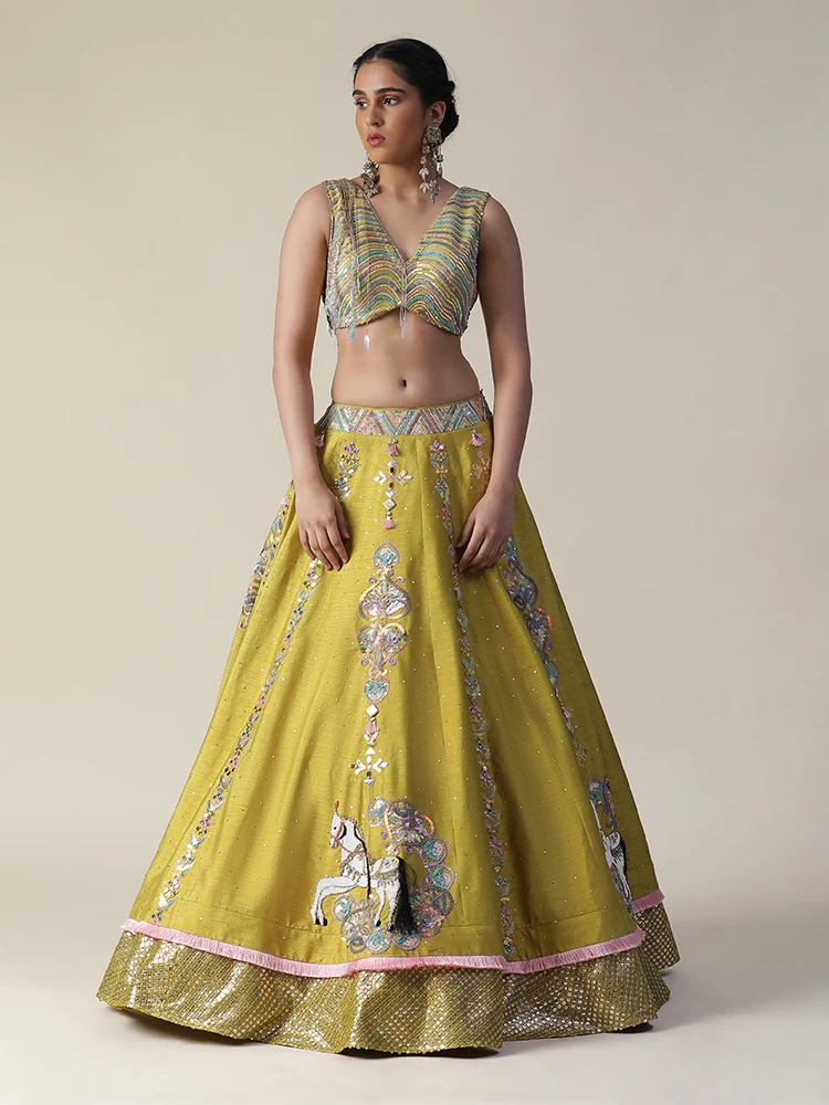 Pear yellow raw silk heavy embroidered lehenga set - Image 2