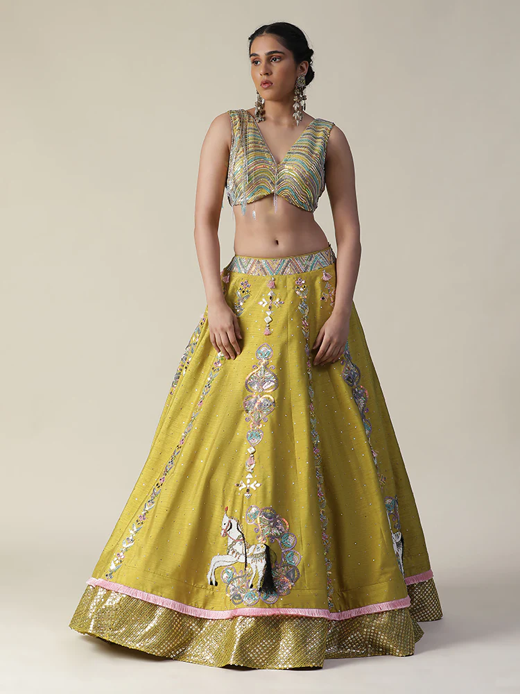 Pear yellow raw silk heavy embroidered lehenga set - Image 3