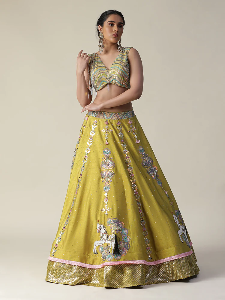 Pear yellow raw silk heavy embroidered lehenga set - Image 4