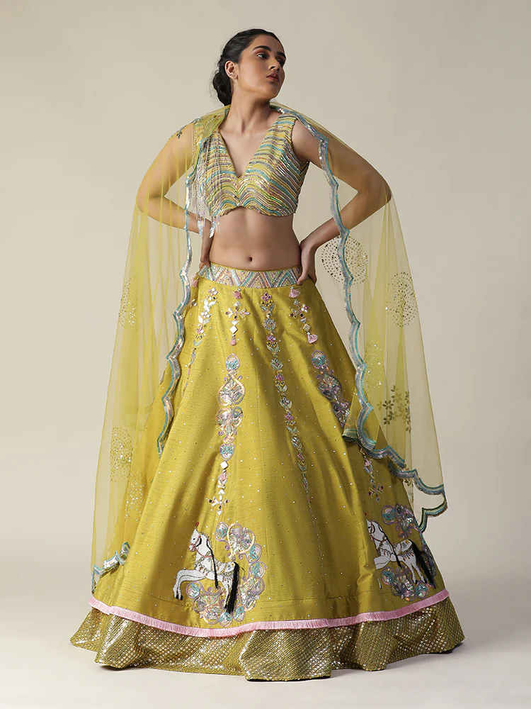 Pear yellow raw silk heavy embroidered lehenga set - Image 5