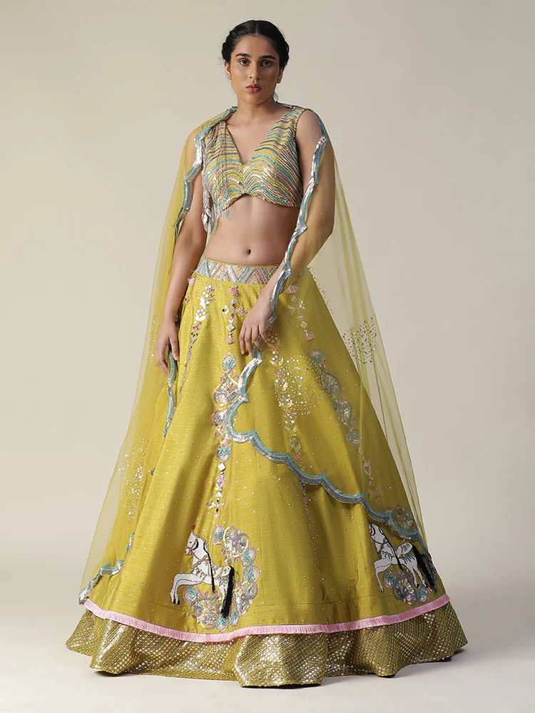 Pear yellow raw silk heavy embroidered lehenga set - Image 6