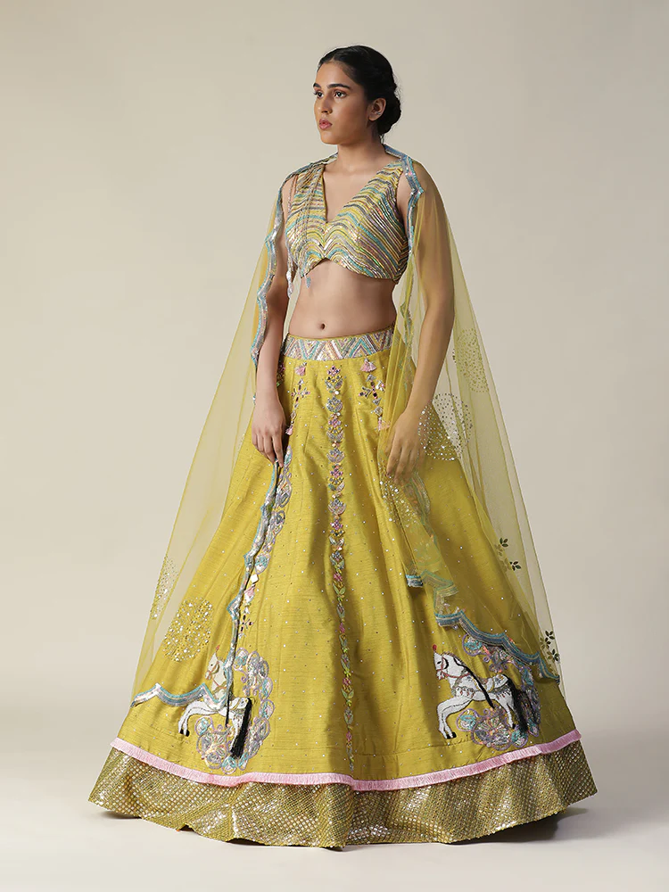 Pear yellow raw silk heavy embroidered lehenga set - Image 7
