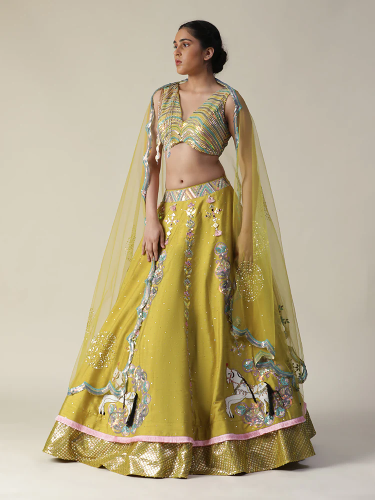 Pear yellow raw silk heavy embroidered lehenga set - Image 8