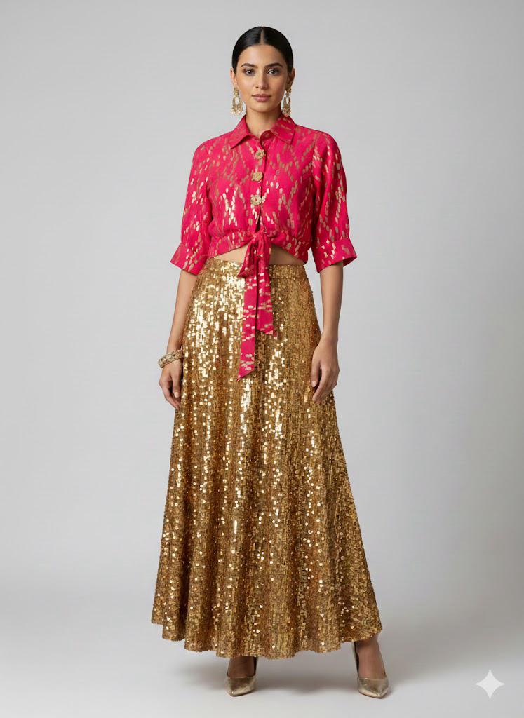 Pink Brocade Crop-Shirt with Gold Sequin Skirt