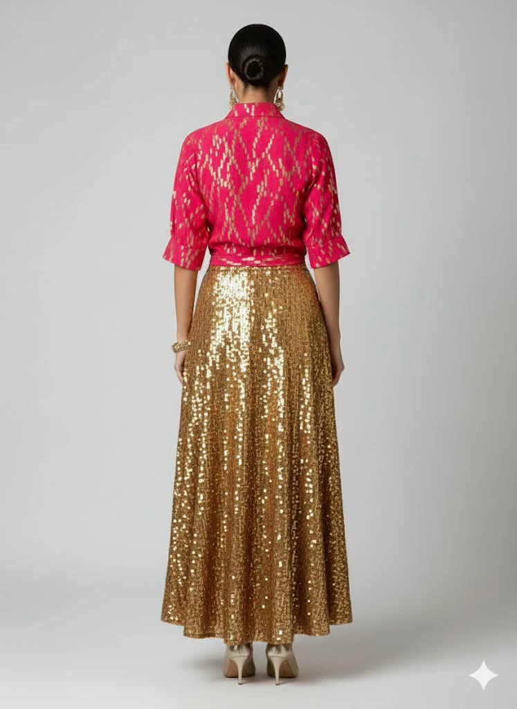 Pink Brocade Crop-Shirt with Gold Sequin Skirt - Image 2