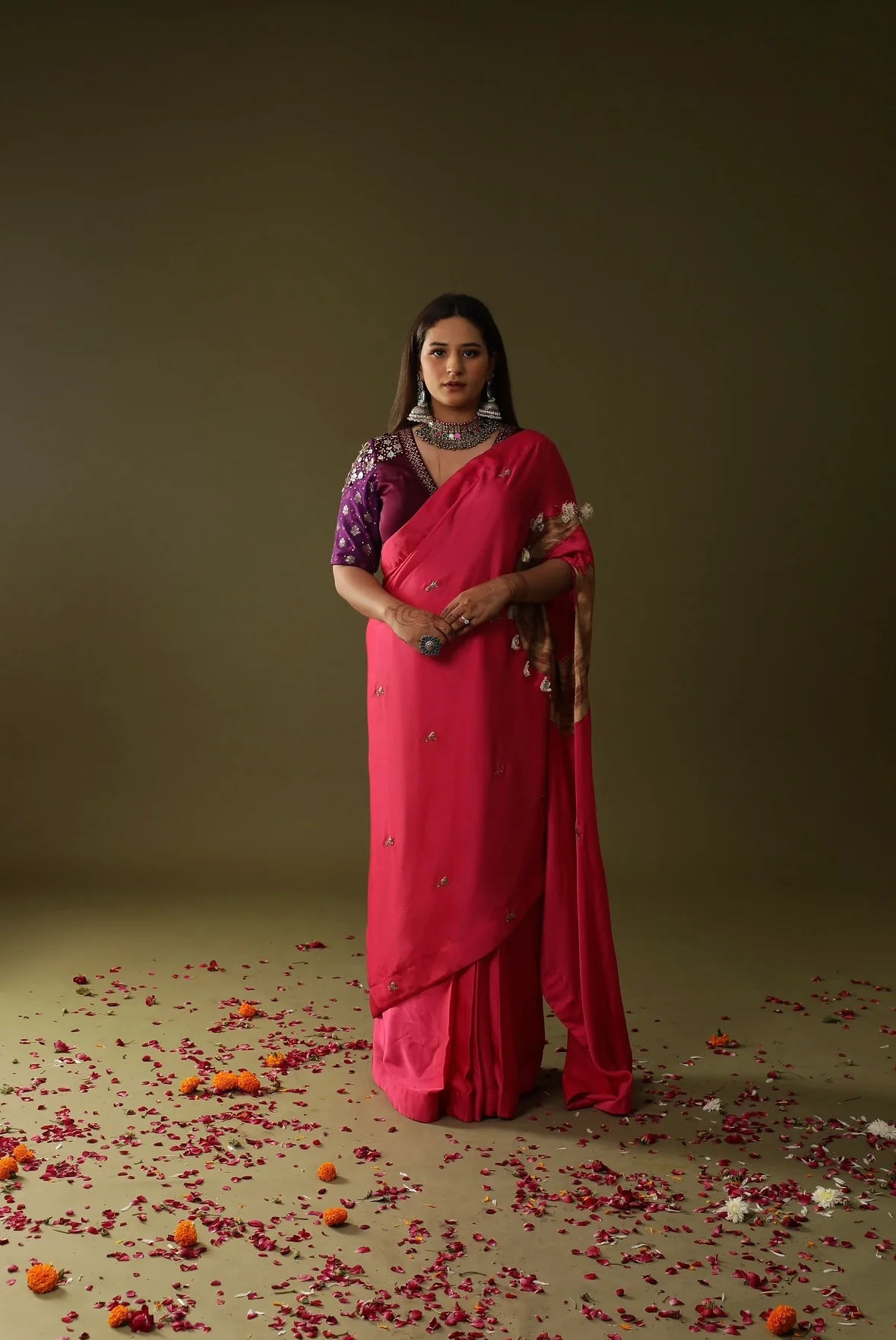 Pink pre stitched drape saree