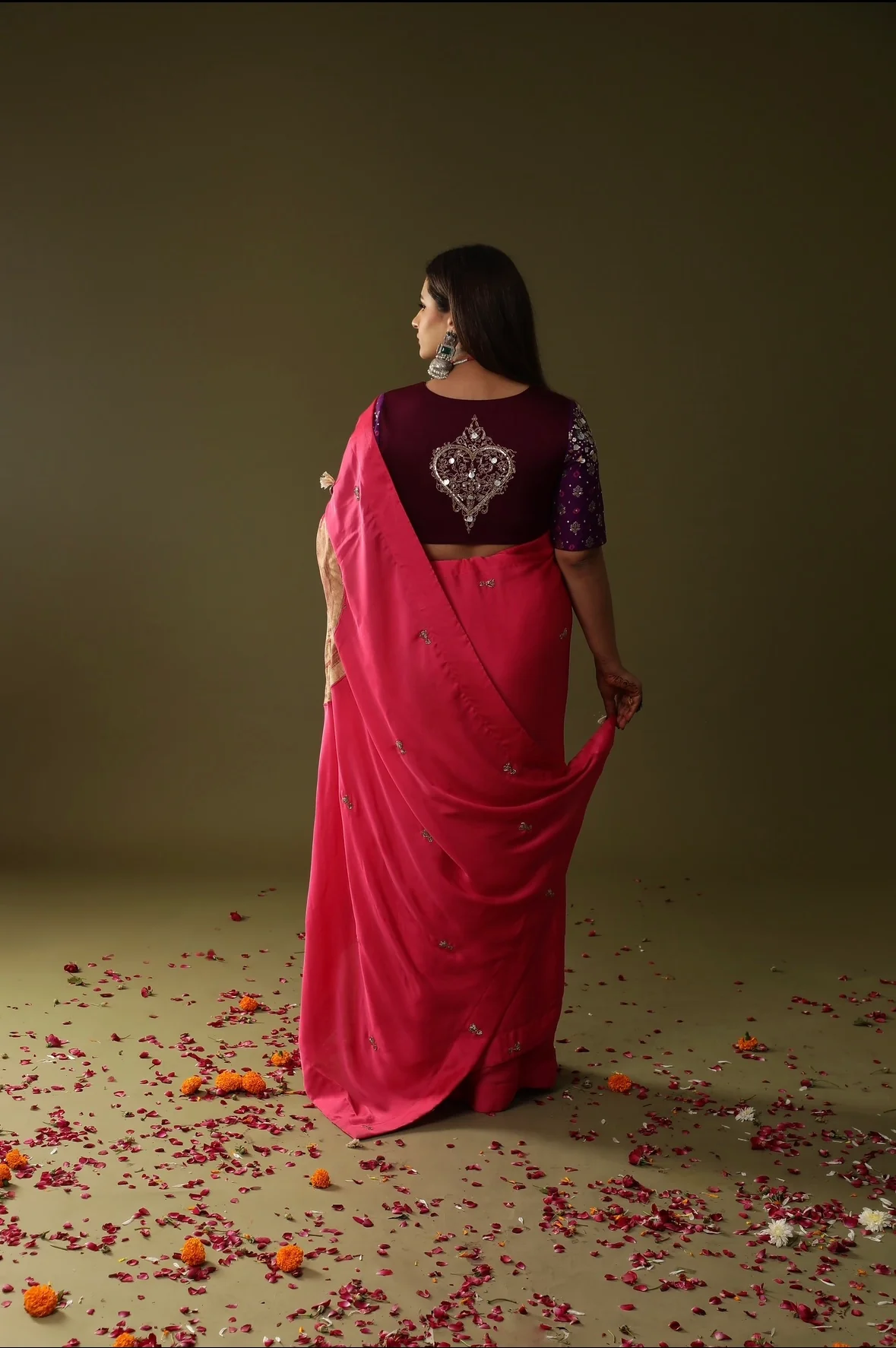 Pink pre stitched drape saree - Image 2