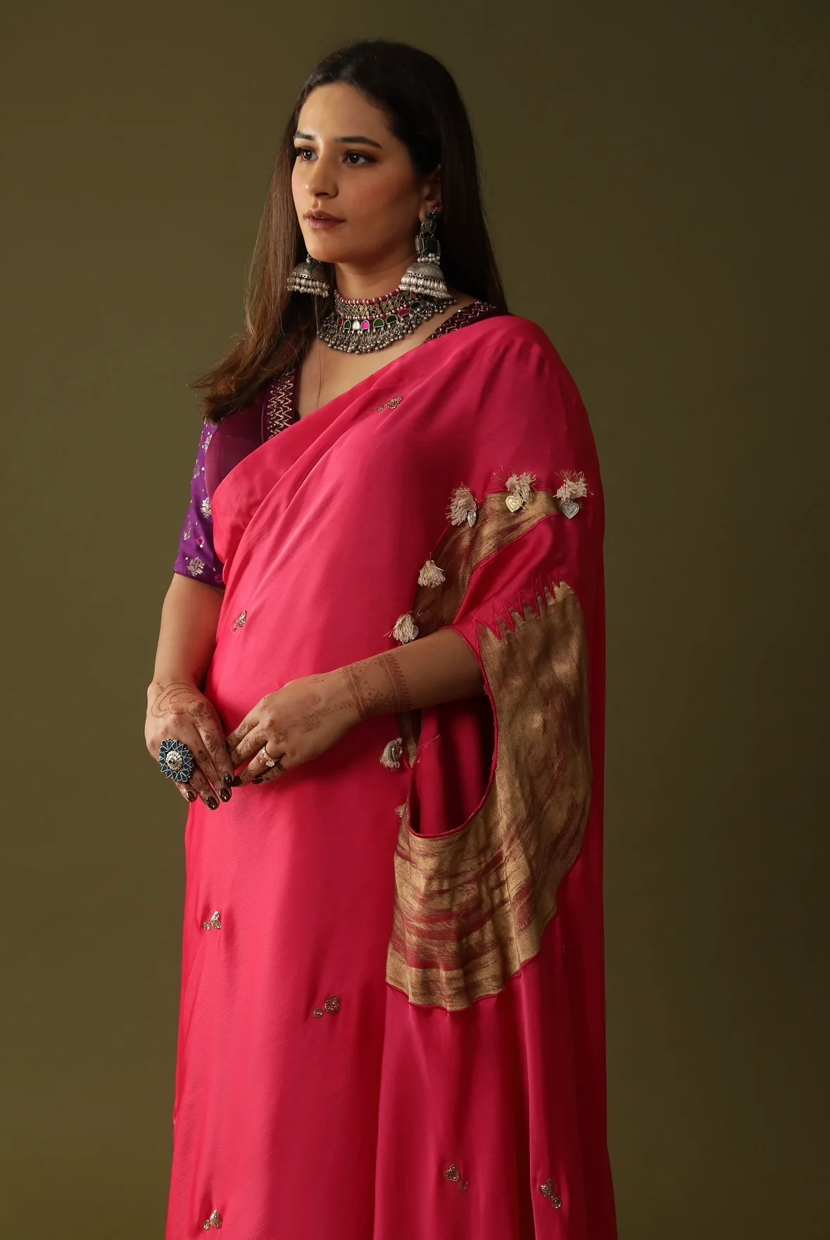 Pink pre stitched drape saree - Image 5