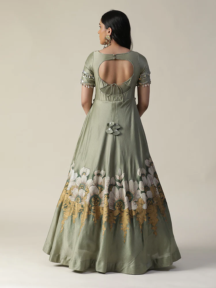 Pista green hand painted embroidered chanderi gown with dupatta set - Image 10
