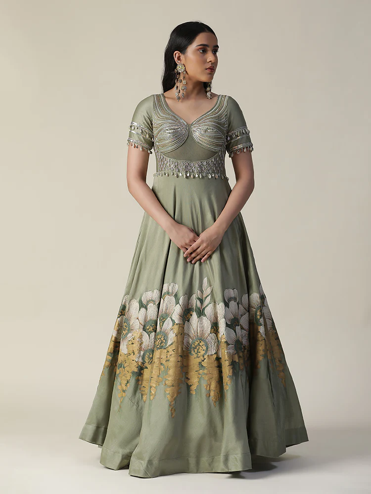 Pista green hand painted embroidered chanderi gown with dupatta set - Image 3
