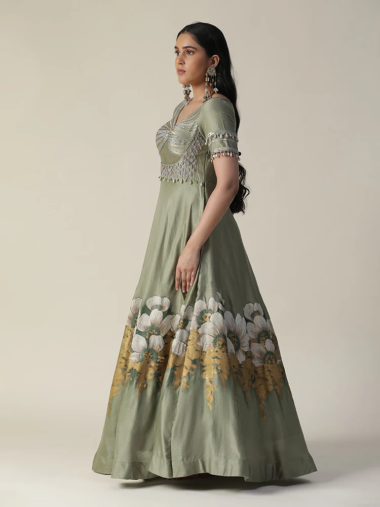 Pista green hand painted embroidered chanderi gown with dupatta set - Image 4