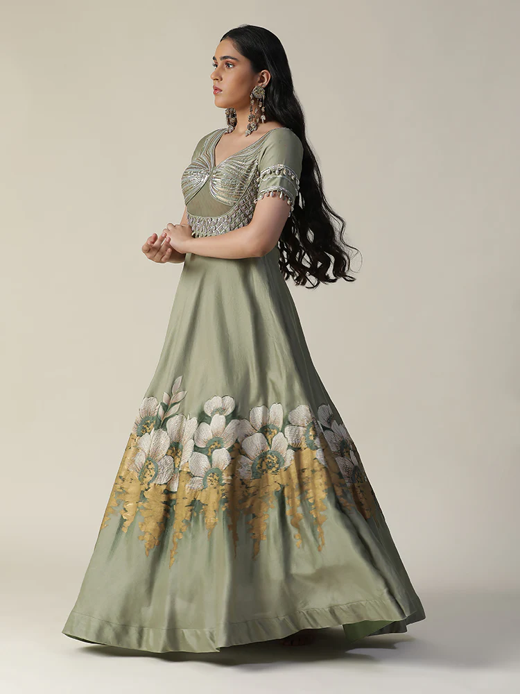 Pista green hand painted embroidered chanderi gown with dupatta set - Image 5