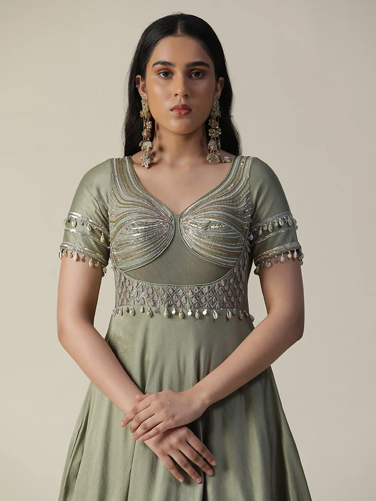 Pista green hand painted embroidered chanderi gown with dupatta set - Image 6