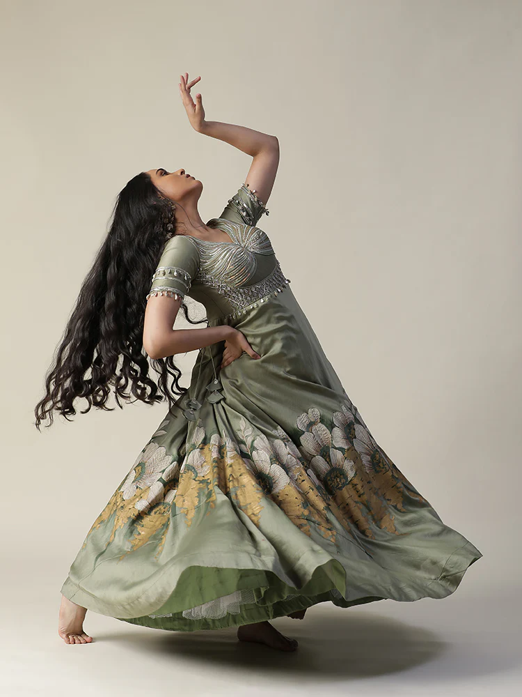 Pista green hand painted embroidered chanderi gown with dupatta set - Image 8