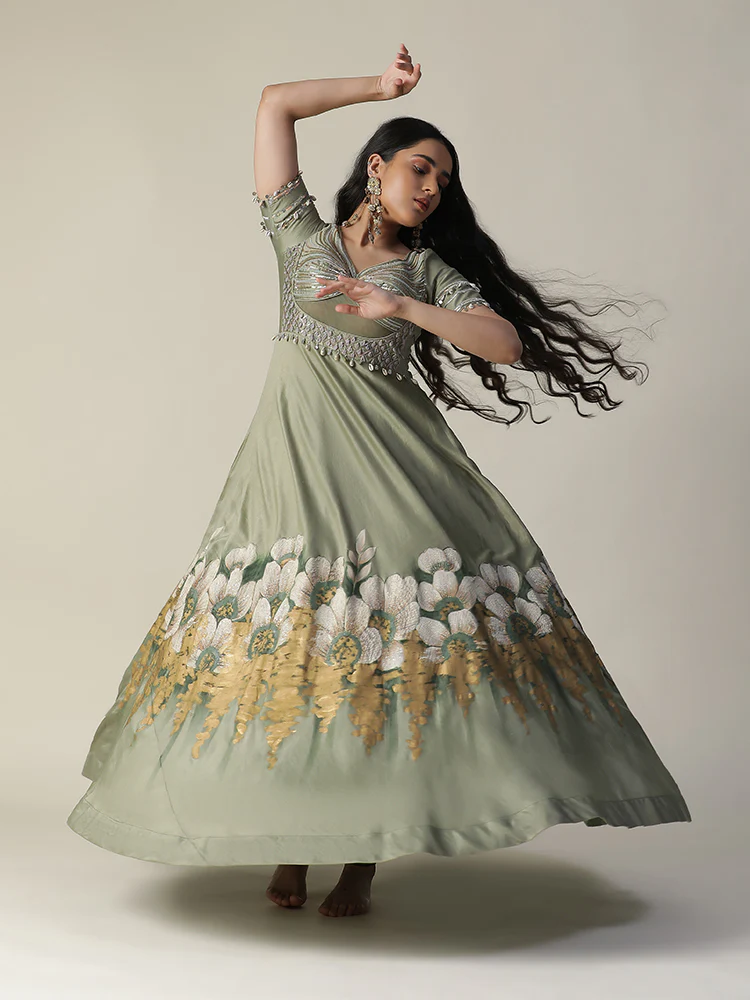 Pista green hand painted embroidered chanderi gown with dupatta set - Image 9