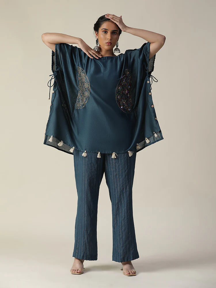 Prussian blue embroidered short kaftan cord set - Image 3