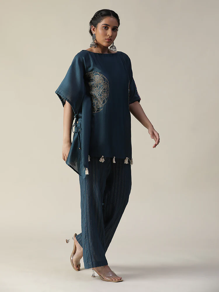Prussian blue embroidered short kaftan cord set - Image 4