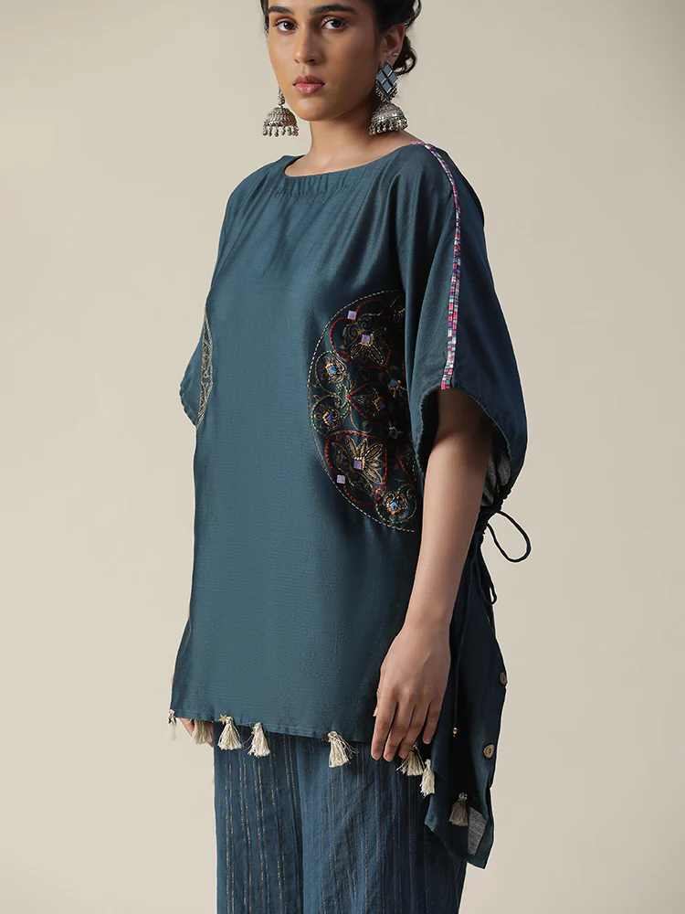 Prussian blue embroidered short kaftan cord set - Image 6