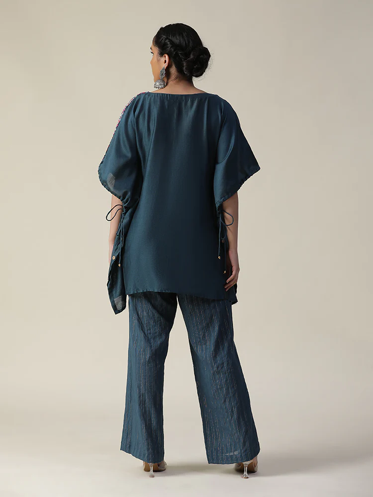 Prussian blue embroidered short kaftan cord set - Image 7