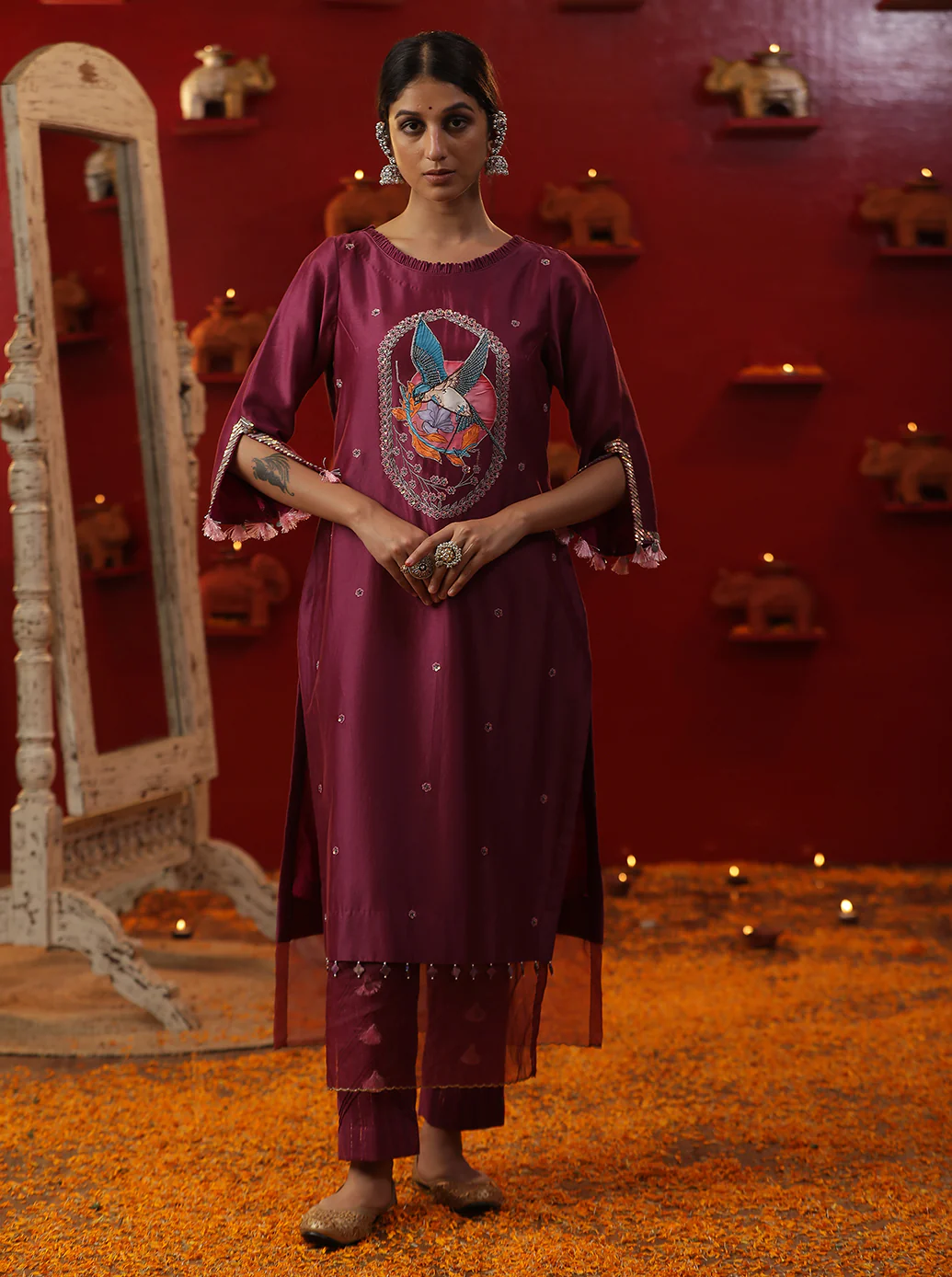 Purple bird handpainted suit set