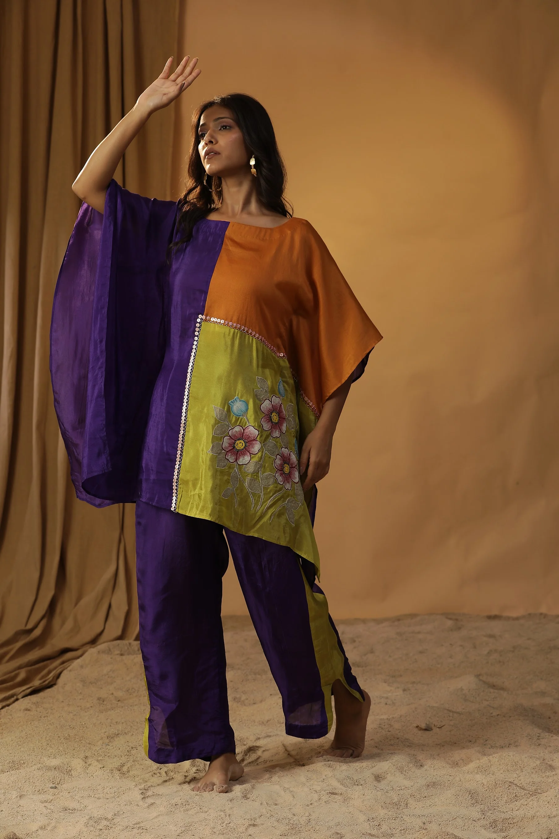 Purple floral block print kaftan coord set - Image 3