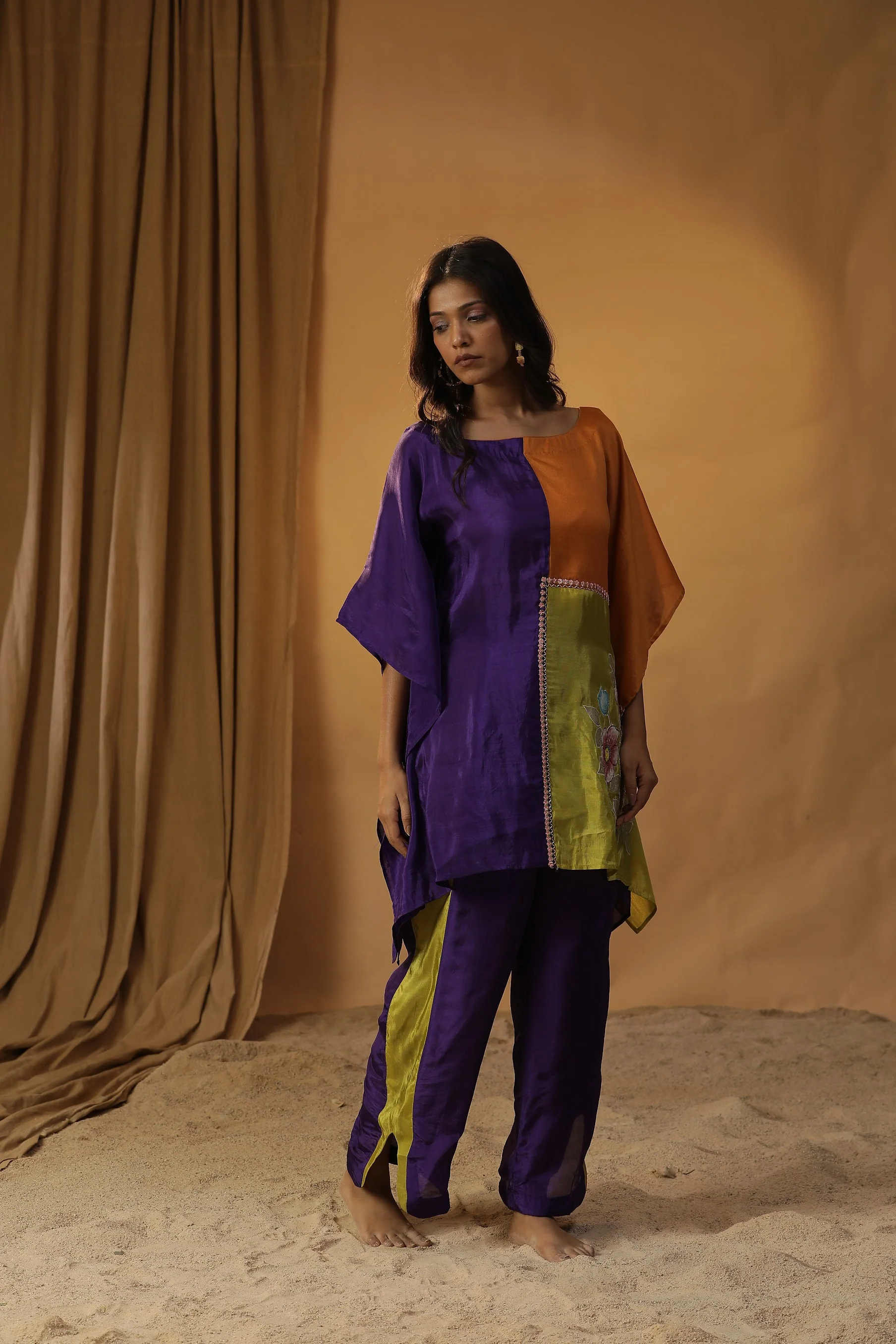 Purple floral block print kaftan coord set - Image 4